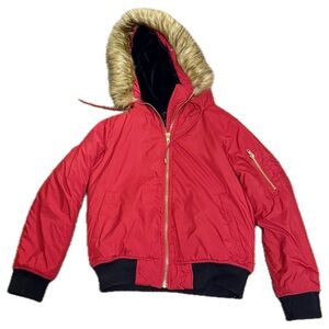 Vintage Forever 21 Red Bomber Coat with Faux Fur Hood S